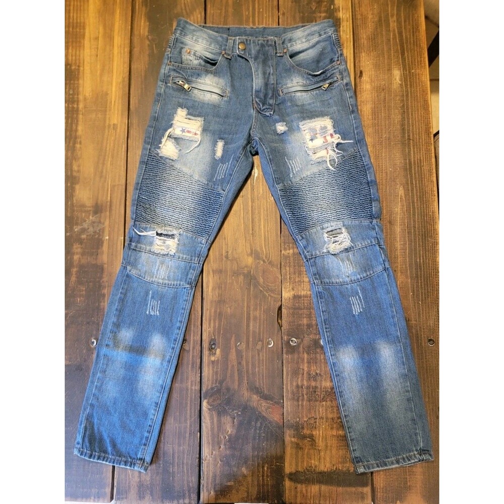 Balmain Men’s Moto Biker Rocker Hipster Rip Distressed Denim Jeans Sz 32 Flag